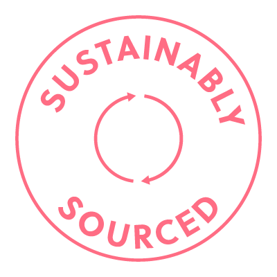 "sustainably sourced" pink and white circle icon