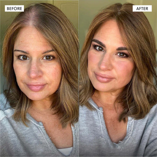Before and after makeup transformation of a woman with shoulder-length hair.